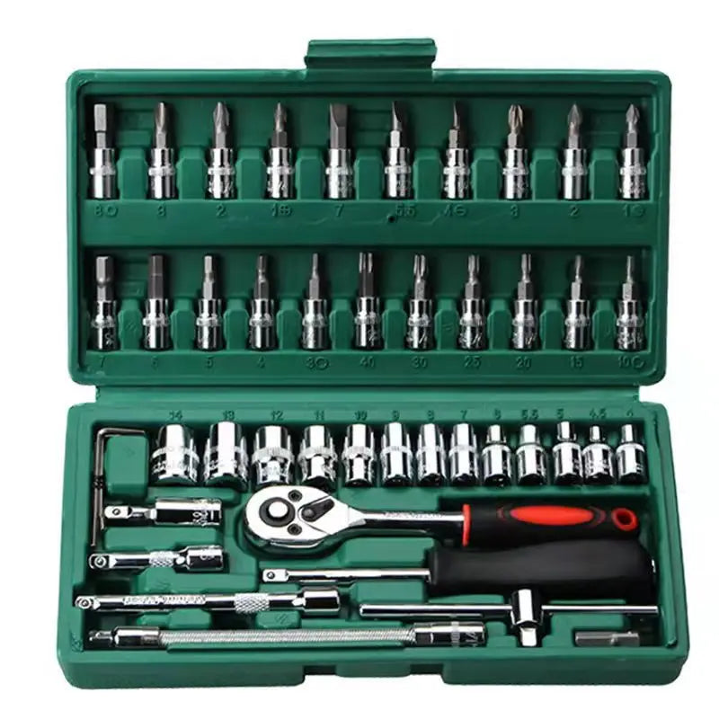 46pcs Complete Socket Wrench Tool Kit for Auto Repairing and Household DIY Projects with Ratchet Screwdriver Hardware Toolbox