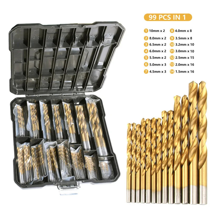 99-Piece HSS Titanium Drill Bit Set — Metal, Wood & Plastic