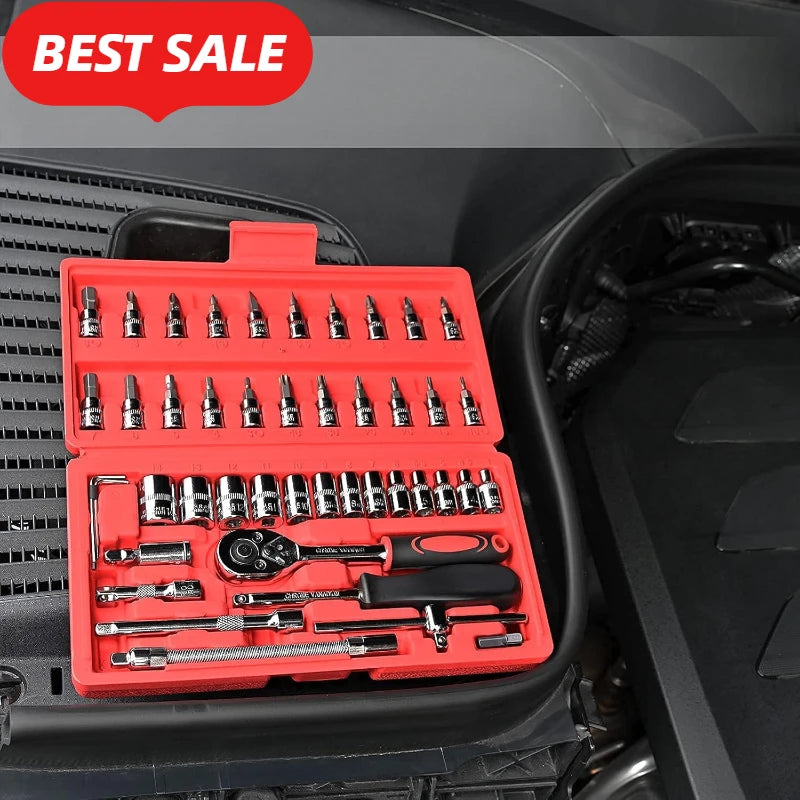 46pcs Complete Socket Wrench Tool Kit for Auto Repairing and Household DIY Projects with Ratchet Screwdriver Hardware Toolbox