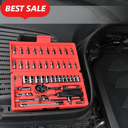 46pcs Complete Socket Wrench Tool Kit for Auto Repairing and Household DIY Projects with Ratchet Screwdriver Hardware Toolbox