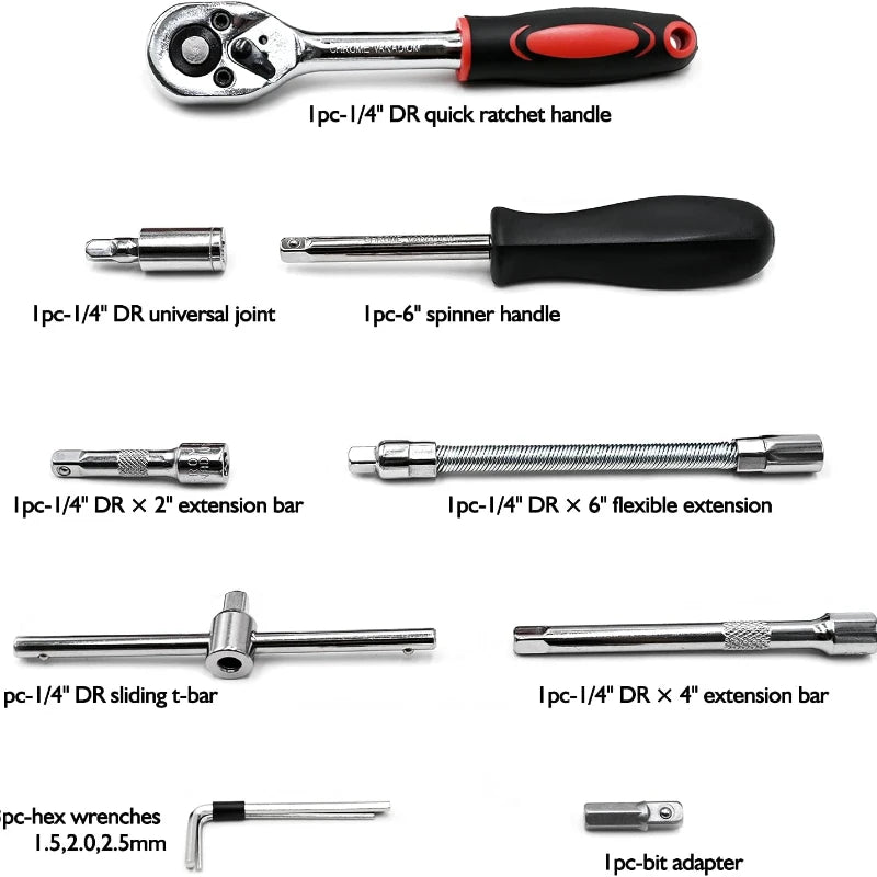 46pcs Complete Socket Wrench Tool Kit for Auto Repairing and Household DIY Projects with Ratchet Screwdriver Hardware Toolbox