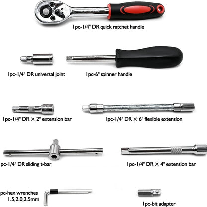 46pcs Complete Socket Wrench Tool Kit for Auto Repairing and Household DIY Projects with Ratchet Screwdriver Hardware Toolbox