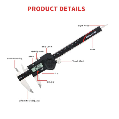 Hardened Stainless Steel Digital Caliper — 0.03mm Accuracy, Multiple Sizes
