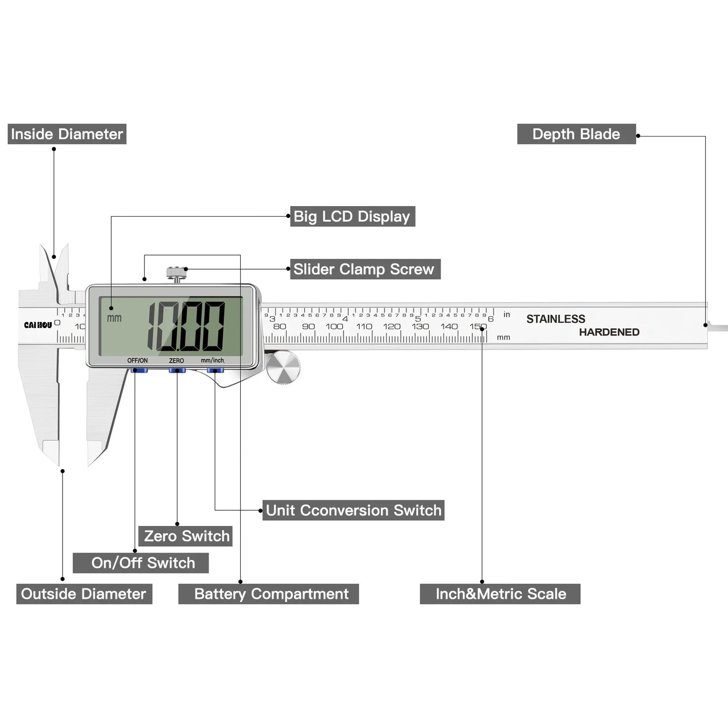 Digital Caliper 150mm — Large LCD, Stainless Steel