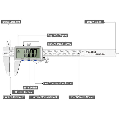 Digital Caliper 150mm — Large LCD, Stainless Steel