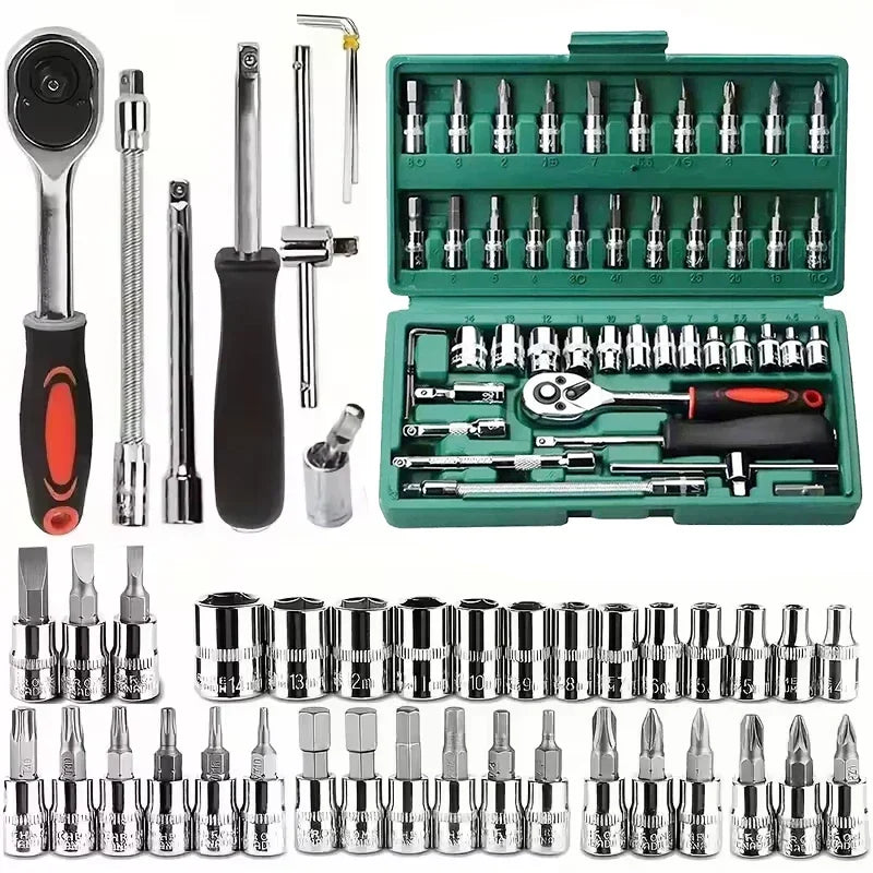 46pcs Complete Socket Wrench Tool Kit for Auto Repairing and Household DIY Projects with Ratchet Screwdriver Hardware Toolbox
