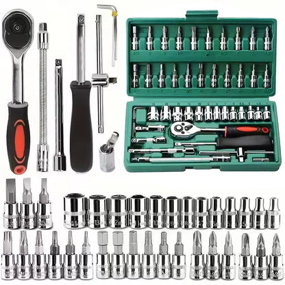 46pcs Complete Socket Wrench Tool Kit for Auto Repairing and Household DIY Projects with Ratchet Screwdriver Hardware Toolbox