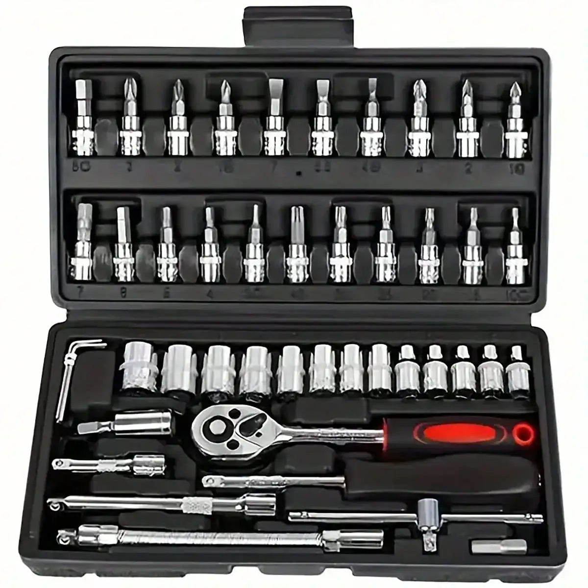 46pcs Complete Socket Wrench Tool Kit for Auto Repairing and Household DIY Projects with Ratchet Screwdriver Hardware Toolbox