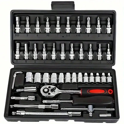 46pcs Complete Socket Wrench Tool Kit for Auto Repairing and Household DIY Projects with Ratchet Screwdriver Hardware Toolbox