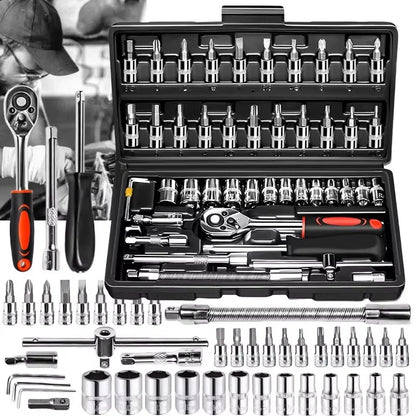 46pcs Complete Socket Wrench Tool Kit for Auto Repairing and Household DIY Projects with Ratchet Screwdriver Hardware Toolbox