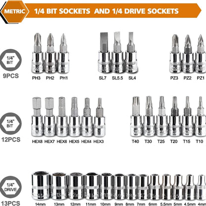 46pcs Complete Socket Wrench Tool Kit for Auto Repairing and Household DIY Projects with Ratchet Screwdriver Hardware Toolbox