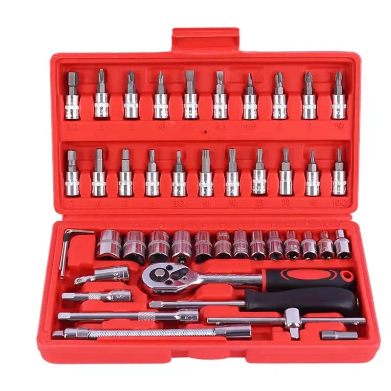 46pcs Complete Socket Wrench Tool Kit for Auto Repairing and Household DIY Projects with Ratchet Screwdriver Hardware Toolbox