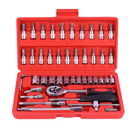 46pcs Complete Socket Wrench Tool Kit for Auto Repairing and Household DIY Projects with Ratchet Screwdriver Hardware Toolbox